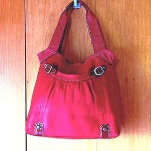 New Fossil red large pebbled leather patent shoulder hobo bag purse tote PRETTY!
